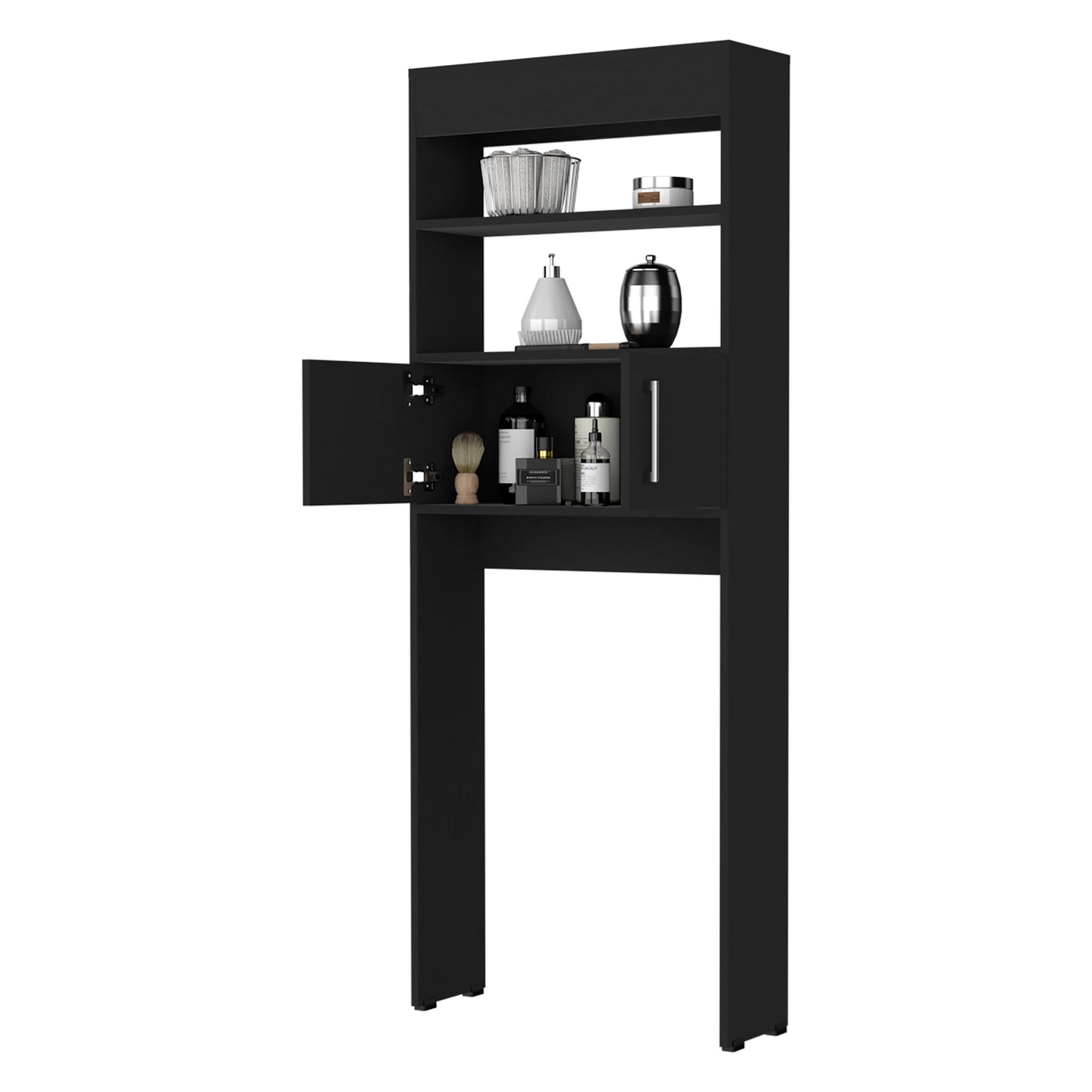 Modern Black Over-the-Toilet Storage Cabinet with Double Doors and Three Shelves