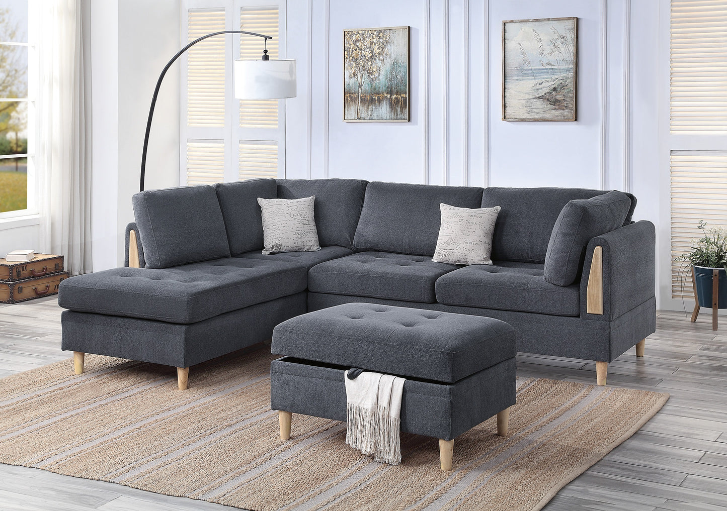 3-Piece Reversible Sectional Sofa Set with Chaise & Storage Ottoman, Modern Chenille Living Room Charcoal