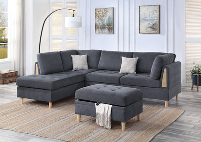 3-Piece Reversible Sectional Sofa Set with Chaise & Storage Ottoman, Modern Chenille Living Room Charcoal
