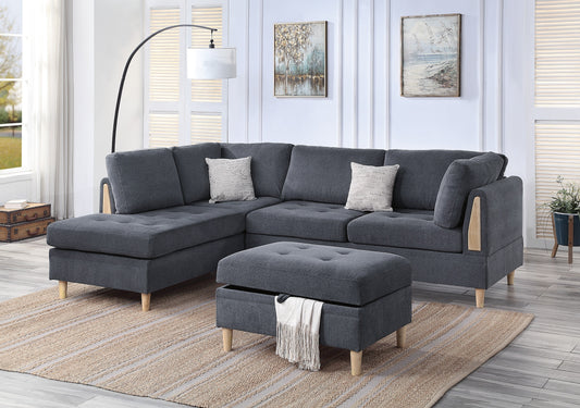 3-Piece Reversible Sectional Sofa Set with Chaise & Storage Ottoman, Modern Chenille Living Room Charcoal
