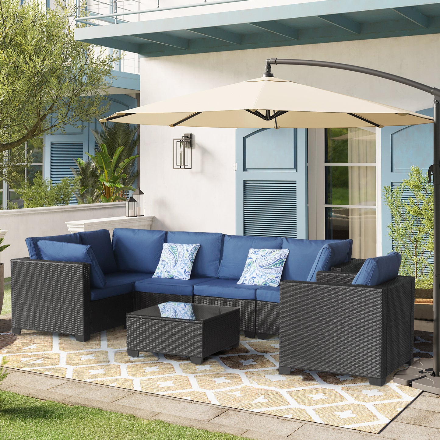 Seven-Piece Outdoor Rattan Sectional Set With Iron Frame And Waterproof Cushions For Garden And Poolside Dark Blue