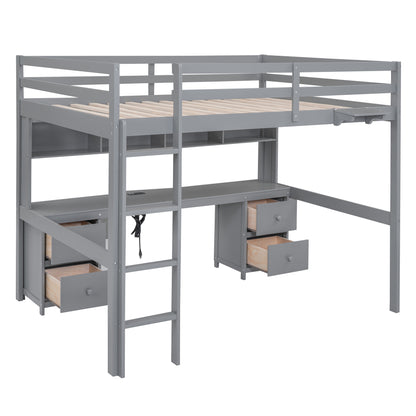 Gray Full Size Loft Bed with Integrated Desk, Storage Solutions, and Charging Station