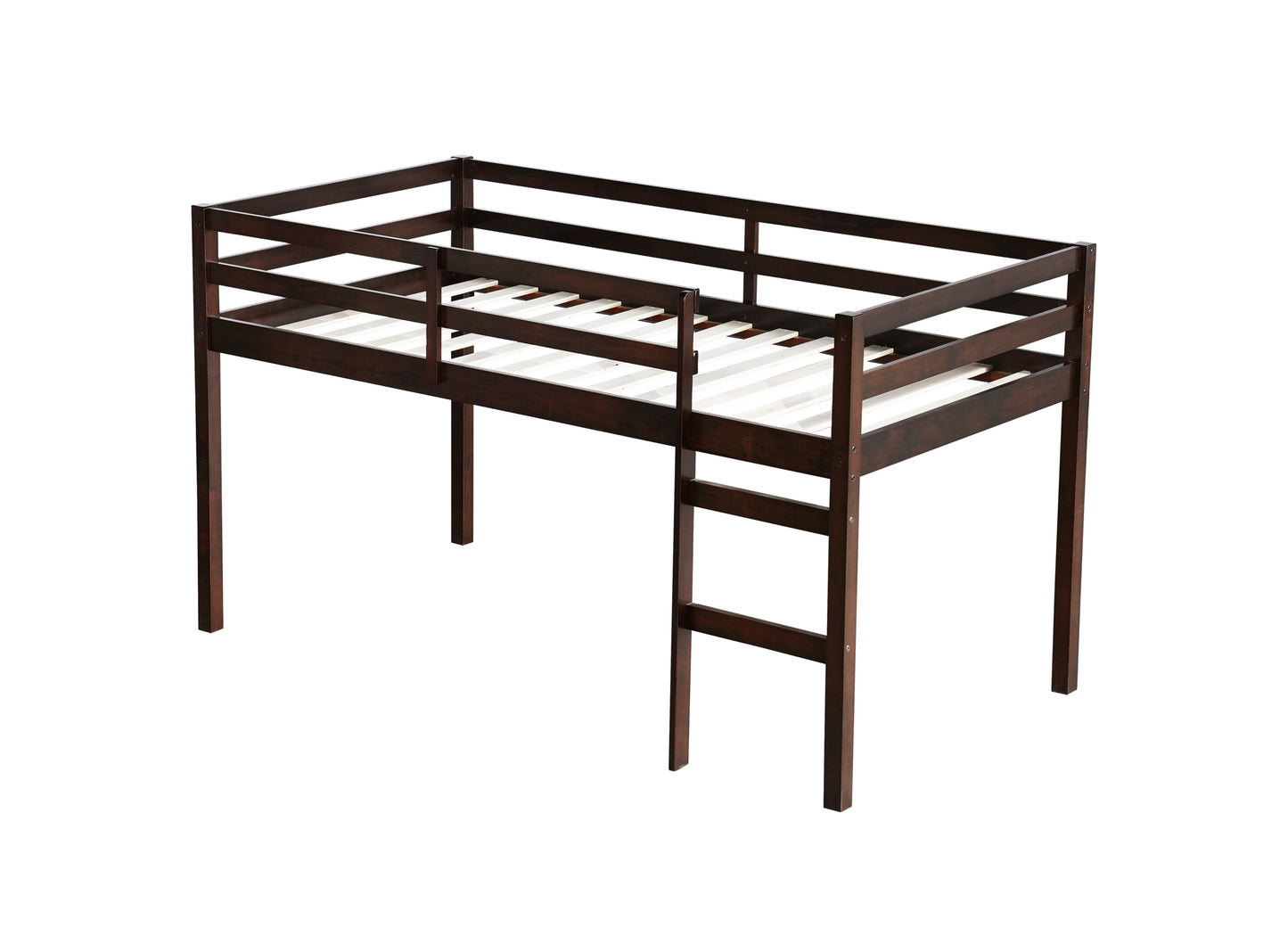 Espresso Rubber Wood Twin Loft Bed with Ladder and Enhanced Support Slats