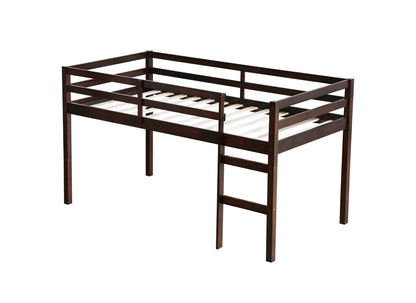 Espresso Rubber Wood Twin Loft Bed with Ladder and Enhanced Support Slats