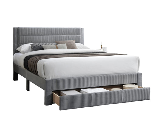 Elegant Gray Corduroy Queen Size Bed Frame with Storage Drawer and Modern Design