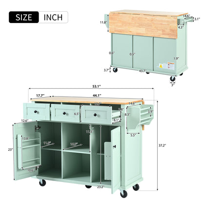 Mint Green Kitchen Island Cart with Drop-Leaf Rubberwood Top, Storage Cabinet, and 3 Drawers on Wheels