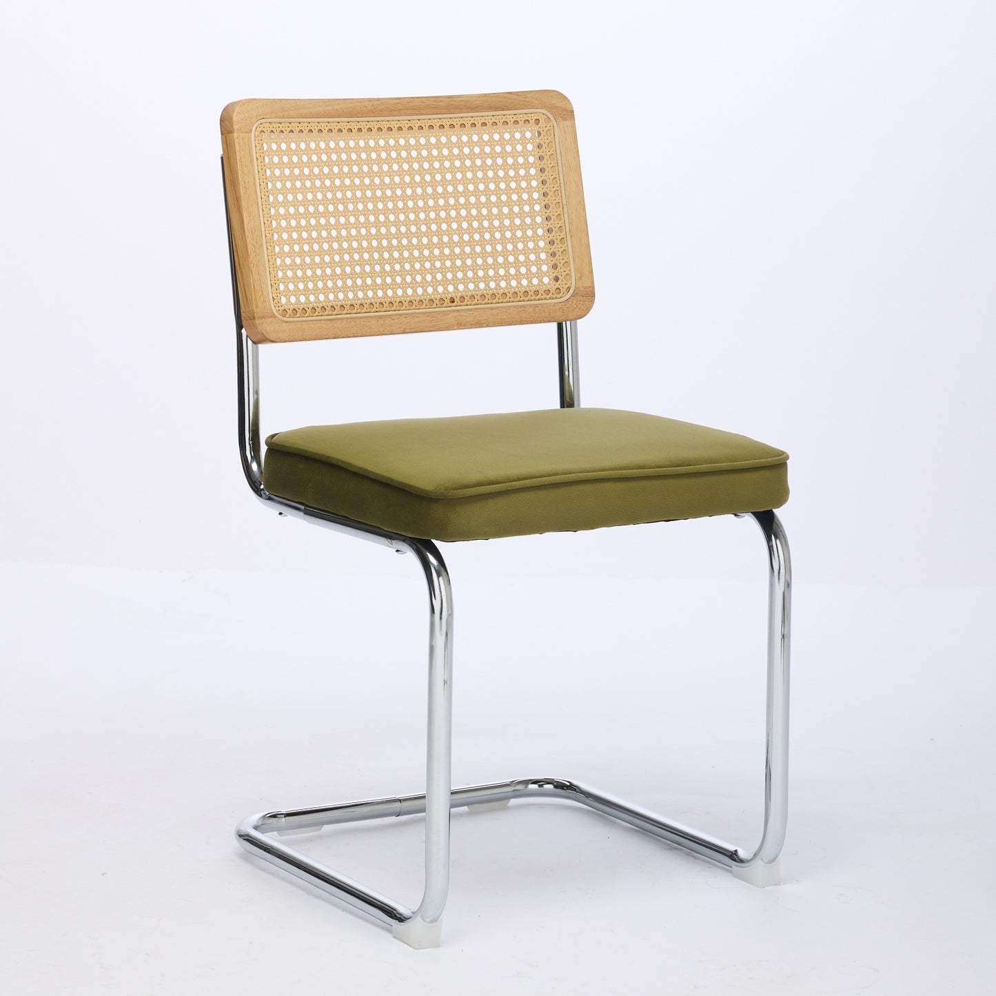 Set of 2 Velvet Dining Chairs with Rattan Back and Cantilever Chrome Base, Mid-Century Style, Olive Green