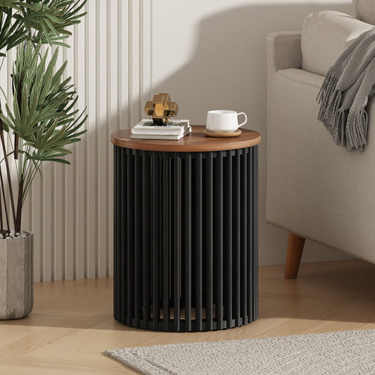 Round Acacia Wood Side Table, 17.5-In Diameter, 21.5-In High, MDF Base – Natural & Black Finish