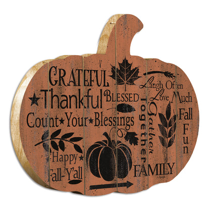 Wooden Pumpkin Wall Art with Grateful Print for Autumn Decor, 17.25 in L x 15 in H, Lightweight Wall Hanging, Multicolor