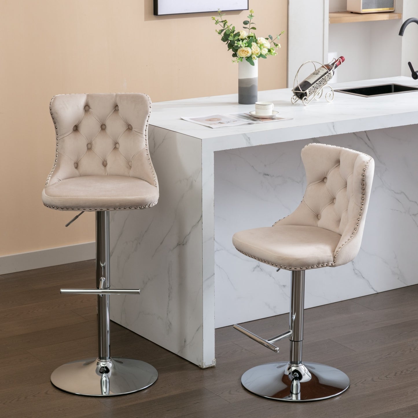 Swivel Velvet Bar Stools Adjustable Height Beige Chrome Base