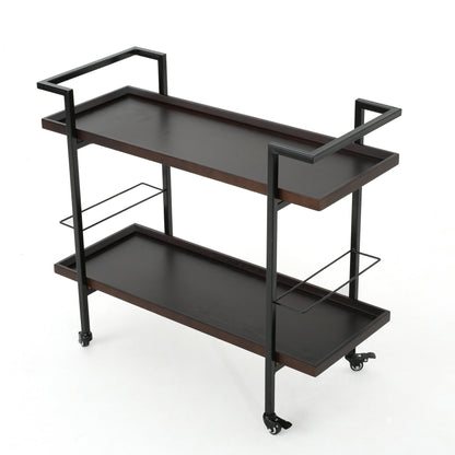 Modern Industrial Rolling Bar Cart With Wood Shelves