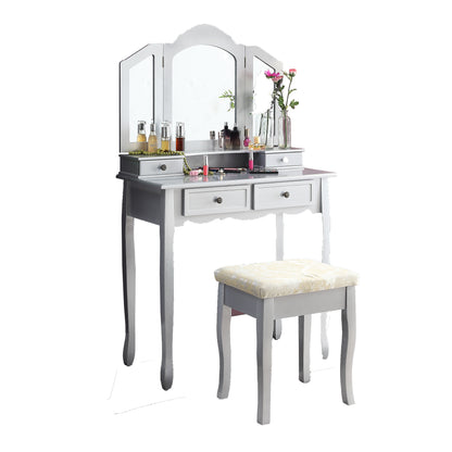 Wooden Vanity Makeup Table and Stool Set for Bedroom, Classic Dressing Table, Silver