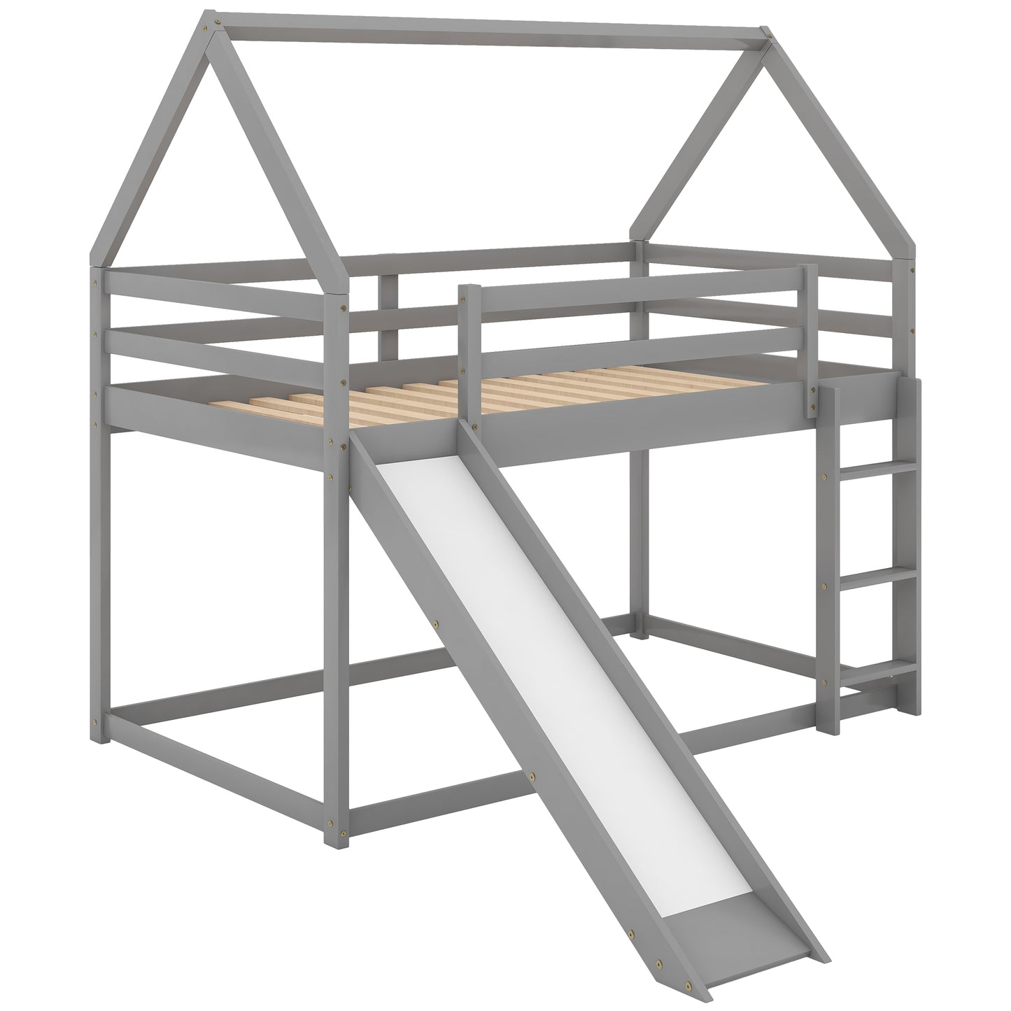Gray Twin Bunk House Bed with Slide and Ladder for Kids