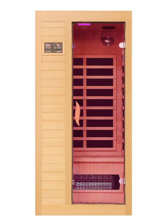 1-2 Person Far Infrared Home Sauna with Low EMF, LED Control Panel, Tempered Glass Door Natural Wood
