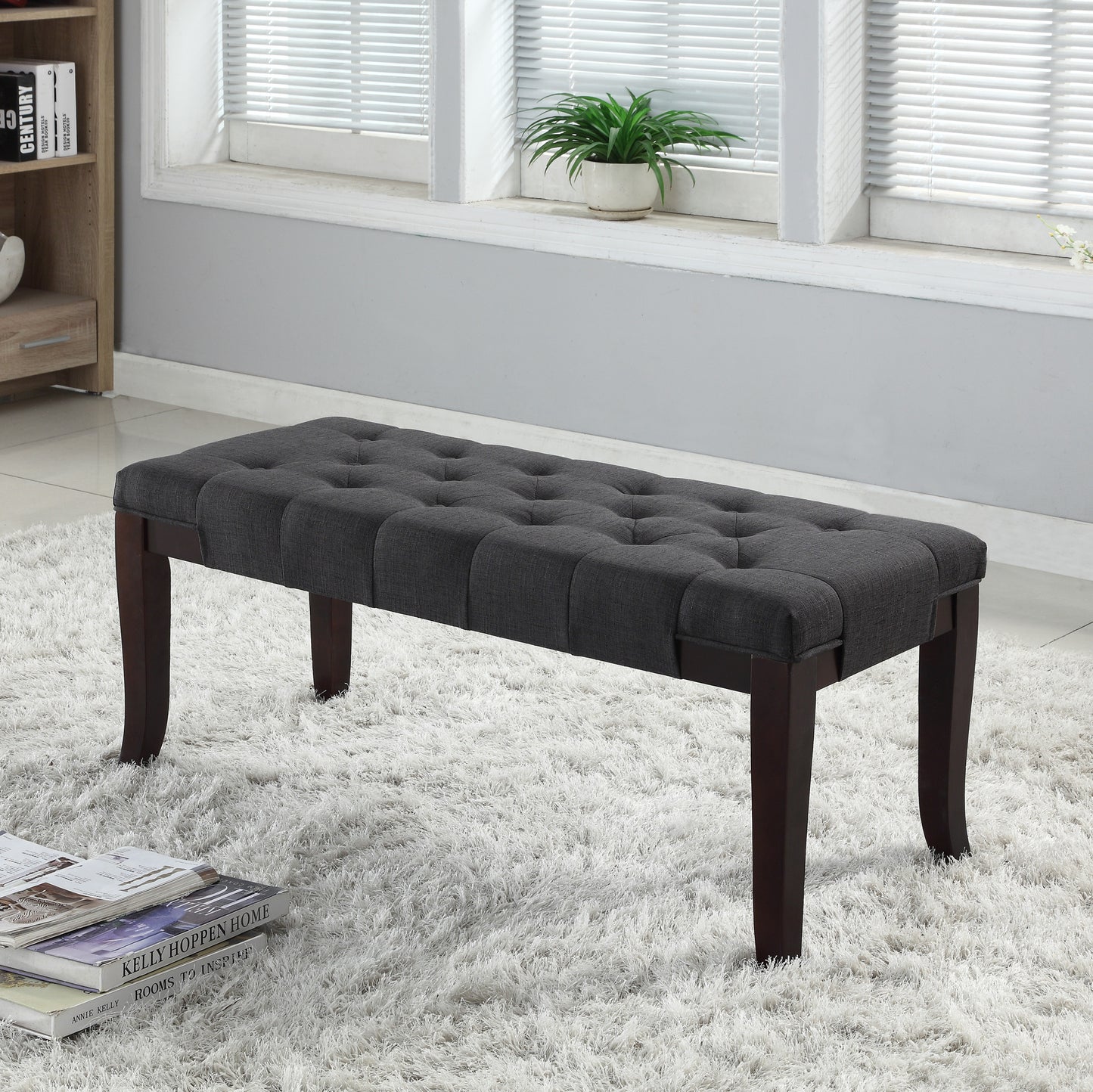 44W Tufted Ottoman Bench, Cotton Upholstery, Solid Hardwood Espresso Legs, 18.25H-16D Foyer/Bedroom Gray