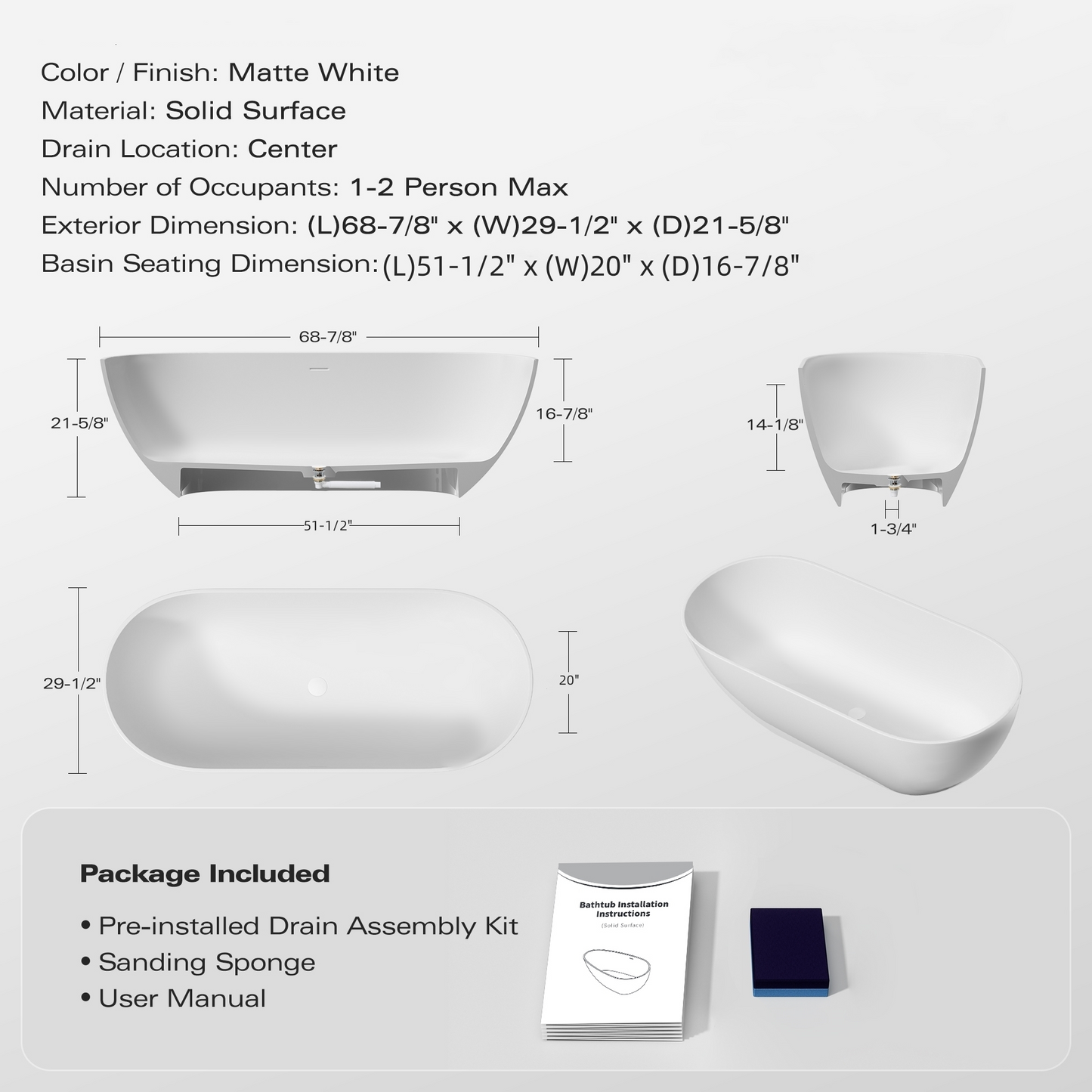 Luxury 69" Solid Surface Freestanding Soaking Bathtub - Handcrafted Matte White Stone Resin with Overflow and Pop-up Drain