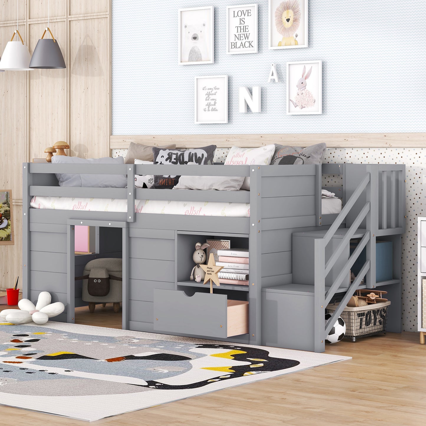 Gray Solid Wood Twin Low Loft Bed with Storage Staircase and Shelving Unit