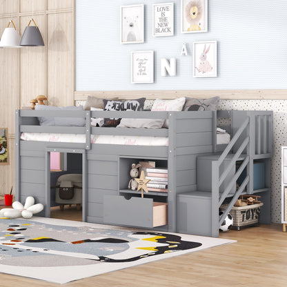 Gray Solid Wood Twin Low Loft Bed with Storage Staircase and Shelving Unit