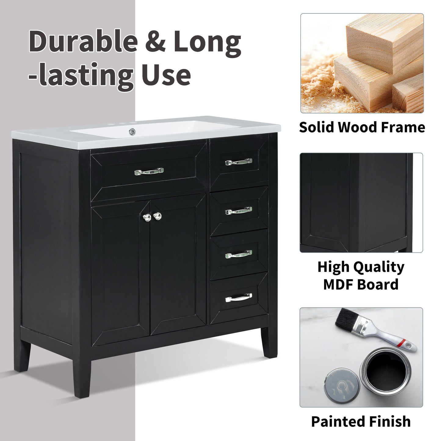 Stylish 36-Inch Black Bathroom Vanity with Integrated Sink, Durable MDF and Solid Wood Construction, Convenient Storage Drawers