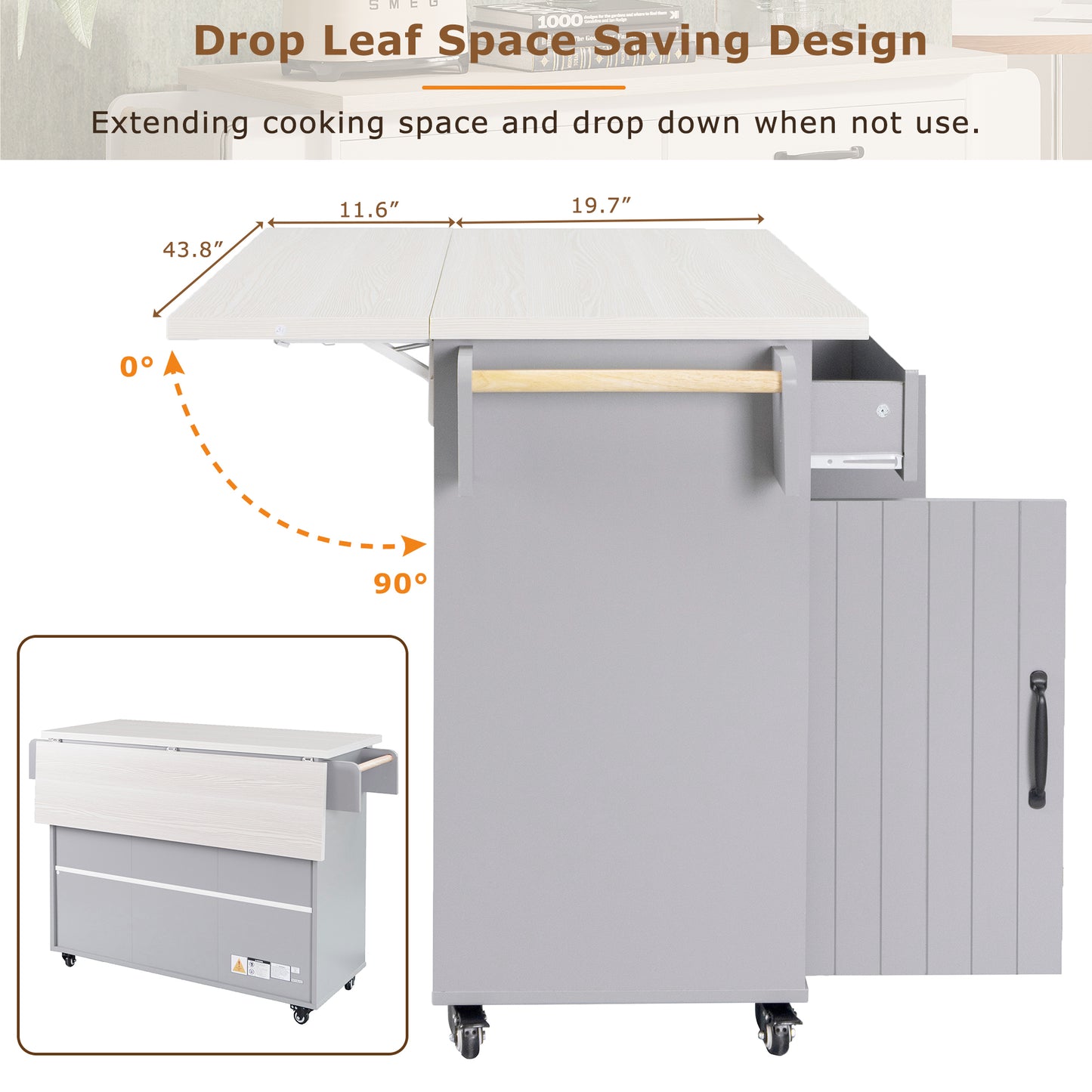 Grey Rolling Kitchen Island with Drop Leaf and Trash Can Storage, Spice Rack, Towel Rack, and Adjustable Shelves