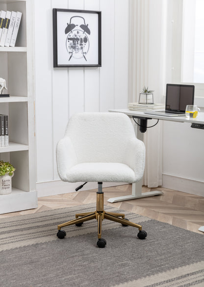 Elegant White Teddy Fabric Home Office Chair with Gold Metal Legs and 360° Swivel Function