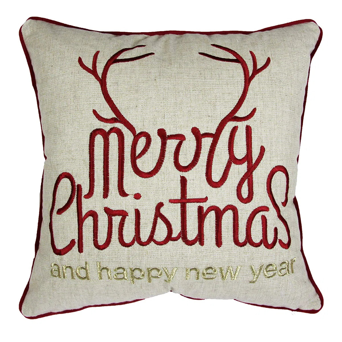 20x20 Holiday Throw Pillow, Linen-Look, Merry Christmas & New Year Embroidery, Reindeer Accent, Gold