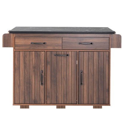 Walnut Brown Rolling Kitchen Island with Drop Leaf, Trash Can Storage, Spice & Towel Racks, and Adjustable Shelves
