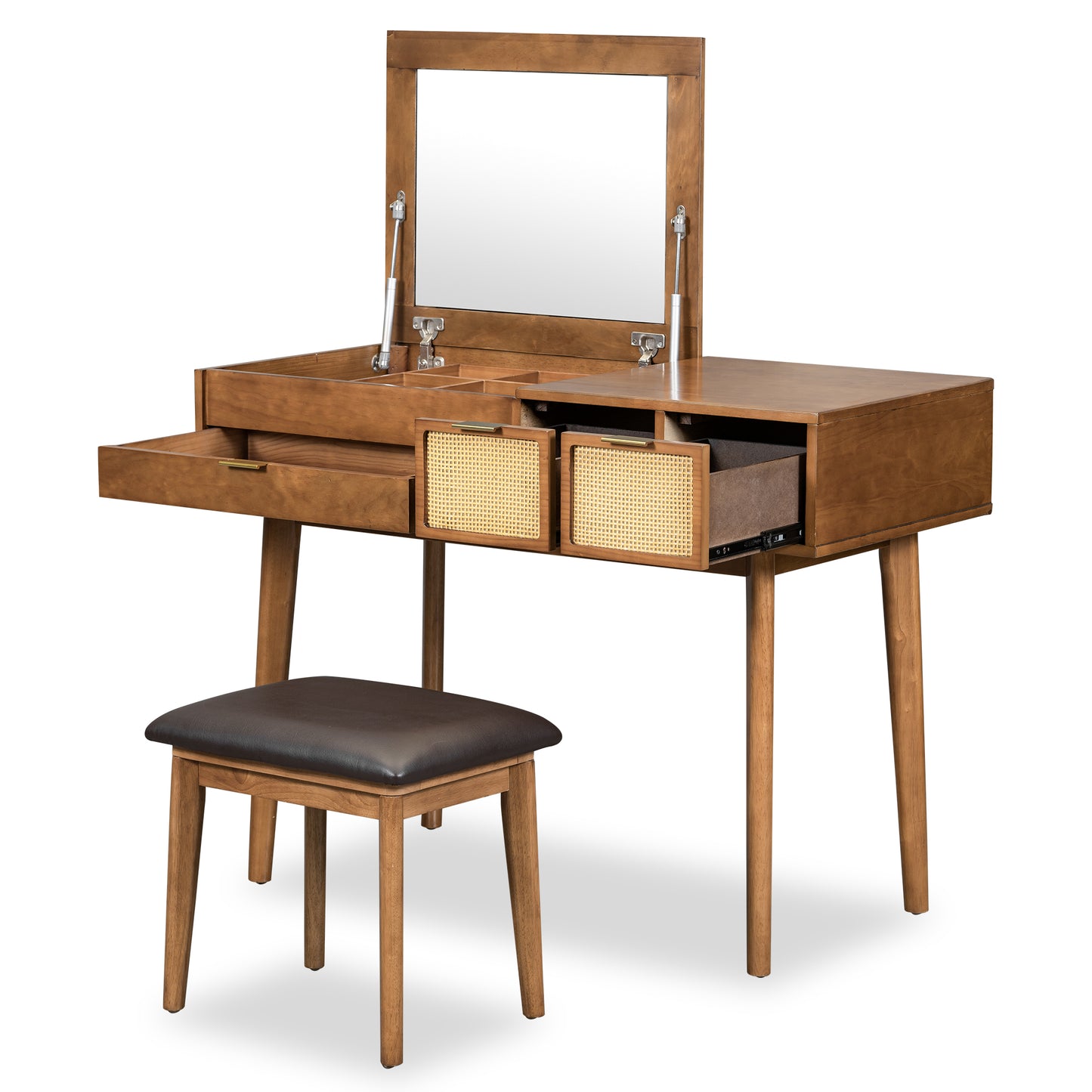 43.3-Inch Classic Wood Vanity Set with Flip-Top Mirror, Stool, 3 Drawers for Dressing Table Bedroom Brown