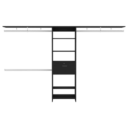 Plego Adjustable Black Closet System with Drawers, Hanging Rods, and Shelves - 70"W to 118"W
