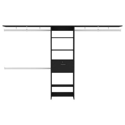 Plego Adjustable Black Closet System with Drawers, Hanging Rods, and Shelves - 70"W to 118"W