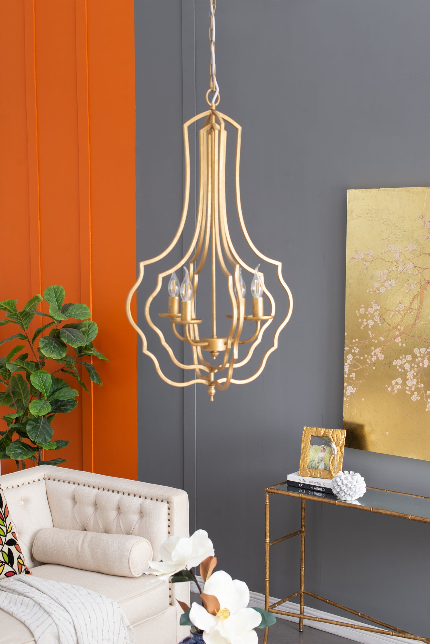 4-Light Iron Chandelier with Chain for Kitchen/Dining, 19.5in Square, 35in Height, 60W E12 Antique Gold