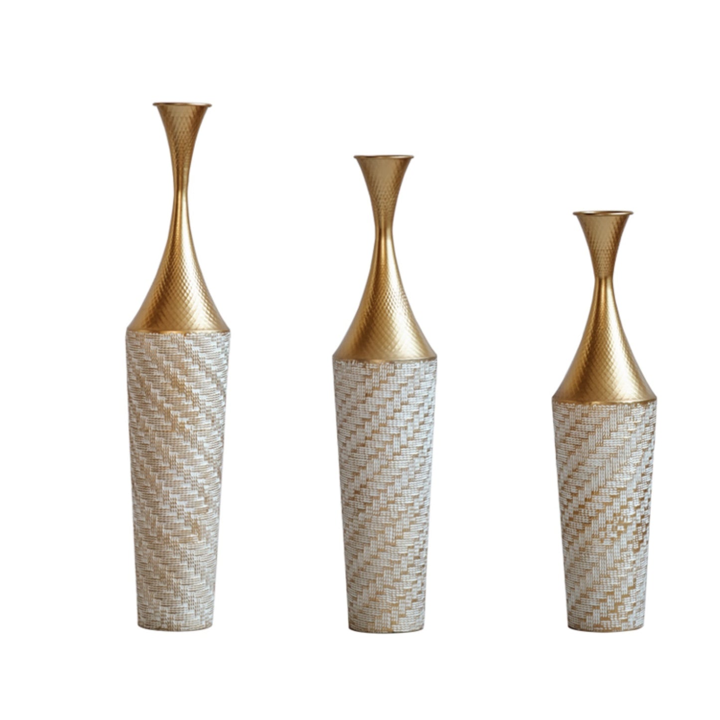 Three-Piece Floor Vase Set: Tall Metal Cylinders, Geometric Pattern, 27.5–35.4in Heights, 7in Diameter, Champagne