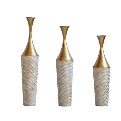Three-Piece Floor Vase Set: Tall Metal Cylinders, Geometric Pattern, 27.5–35.4in Heights, 7in Diameter, Champagne