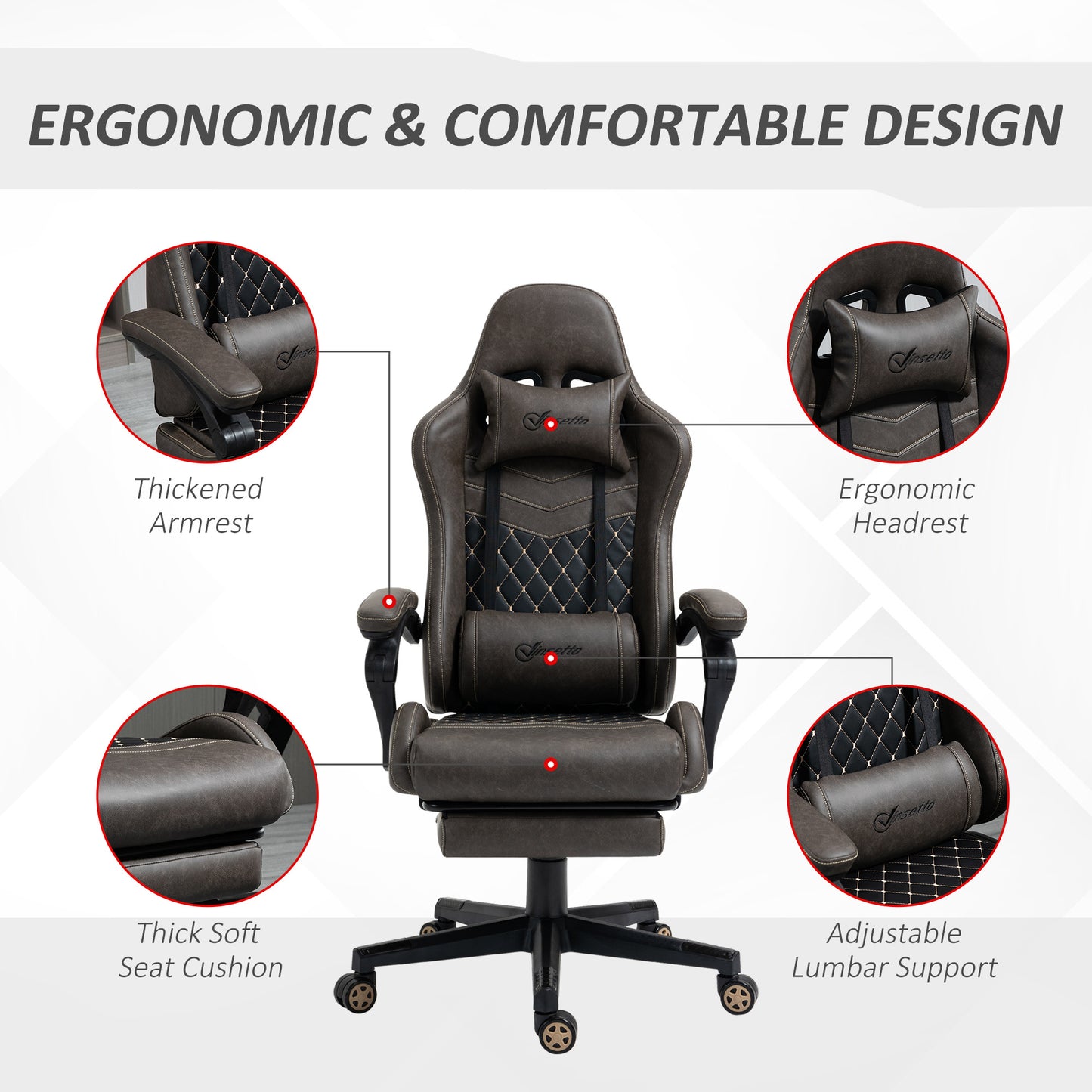 Vinsetto High-Back Racing Gaming Chair with Footrest - Ergonomic PU Leather Office Gamer Seat in Brown