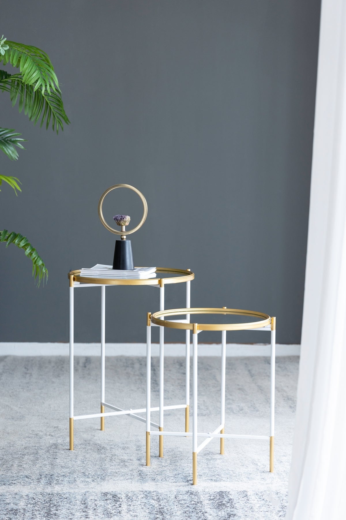 Set of 2 Nesting Mirrored Round Top Side Tables, Large & Small, Glam End Tables, Gold and White