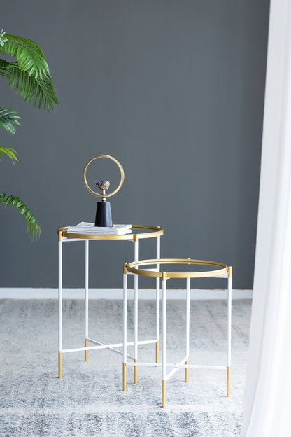 Set of 2 Nesting Mirrored Round Top Side Tables, Large & Small, Glam End Tables, Gold and White