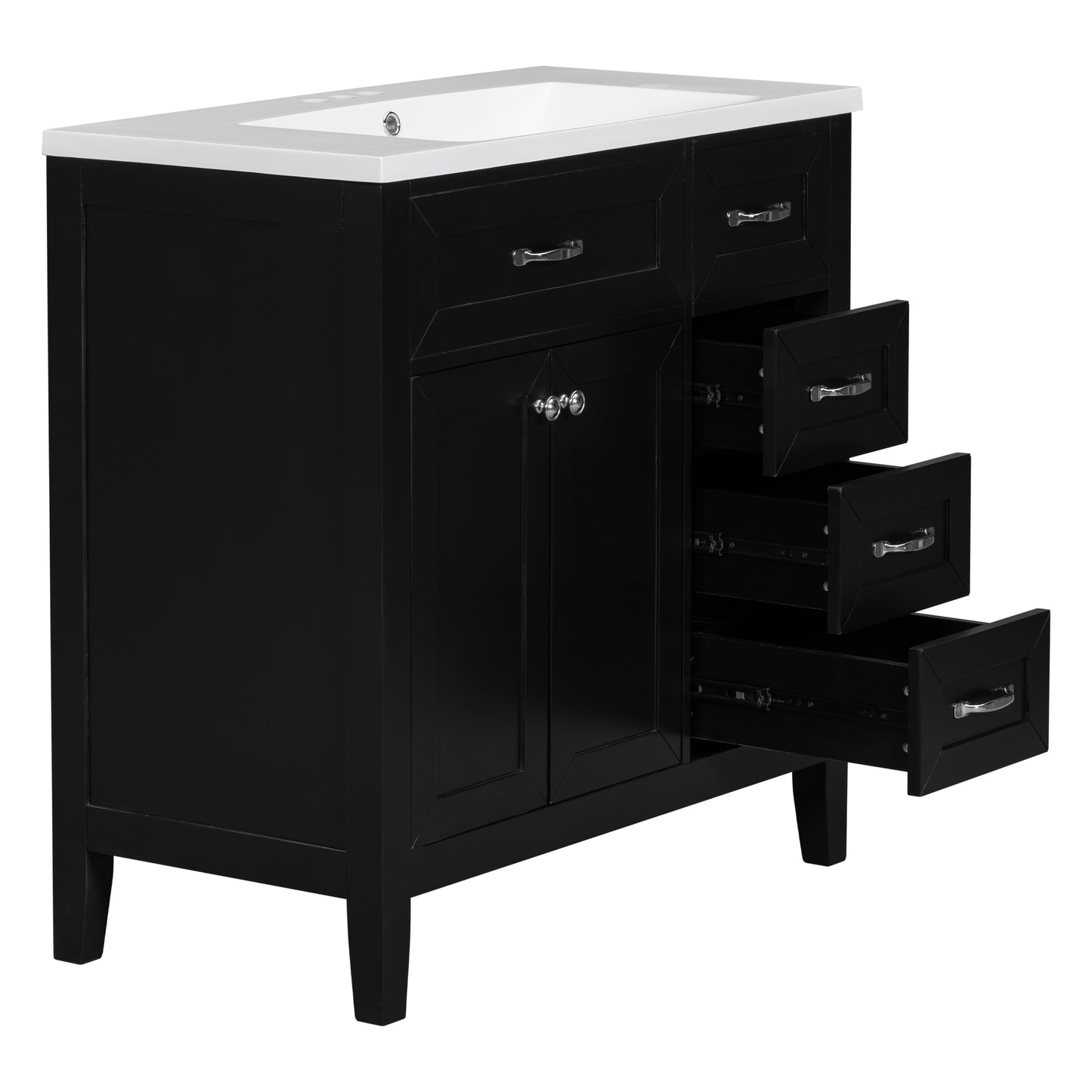Stylish 36-Inch Black Bathroom Vanity with Integrated Sink, Durable MDF and Solid Wood Construction, Convenient Storage Drawers