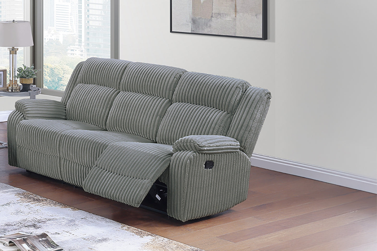 3-Seater Corduroy Recliner Sofa, Plush Cushions, Modern Living Room Couch, Easy Manual Recline, Smoke