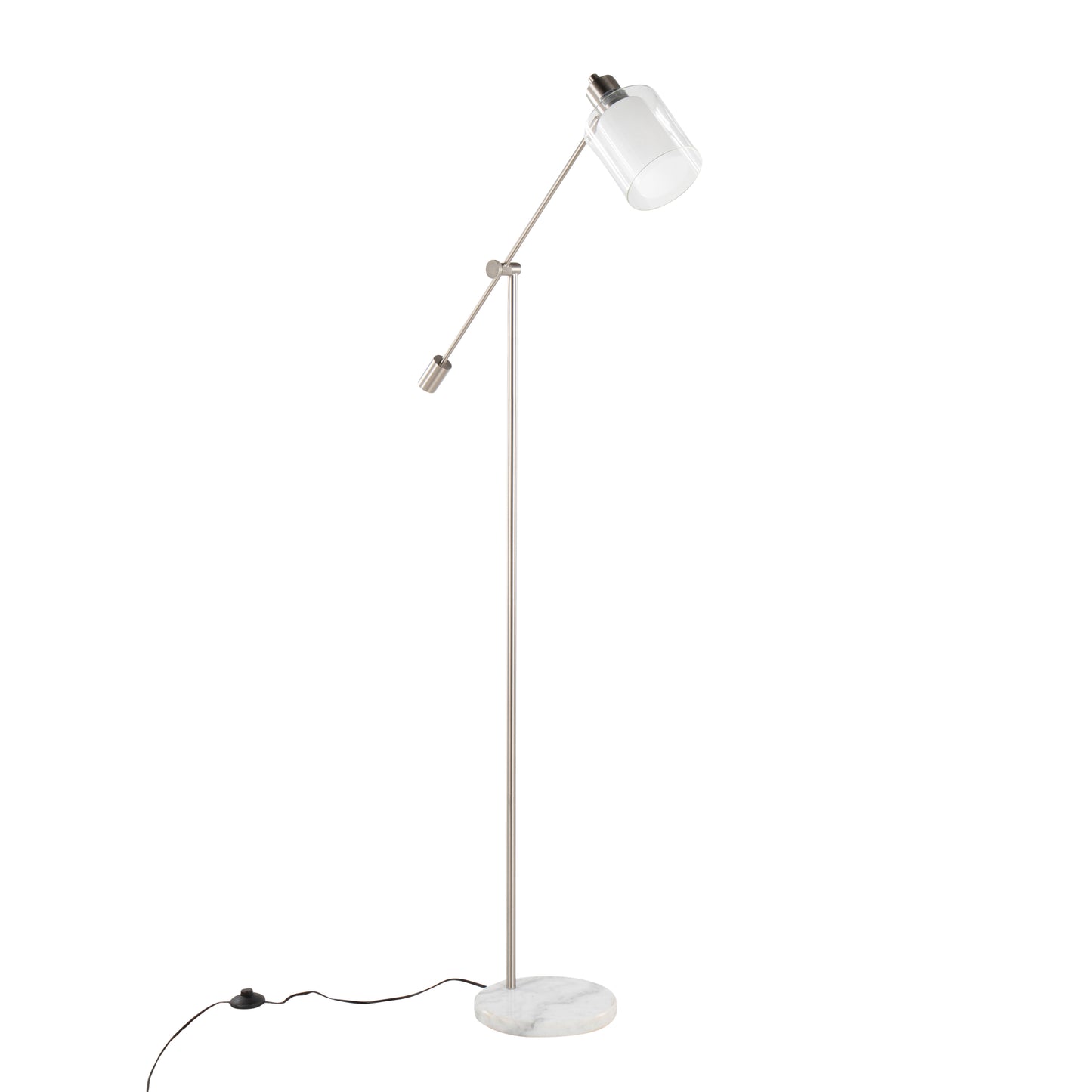 Floor Lamp, White Marble Base, Clear/Frosted Glass Shade, 73in Tall, 40W Bulb Included, Nickel finish