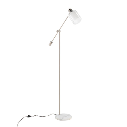 Floor Lamp, White Marble Base, Clear/Frosted Glass Shade, 73in Tall, 40W Bulb Included, Nickel finish