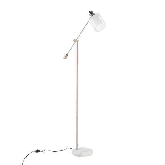 Floor Lamp, White Marble Base, Clear/Frosted Glass Shade, 73in Tall, 40W Bulb Included, Nickel finish