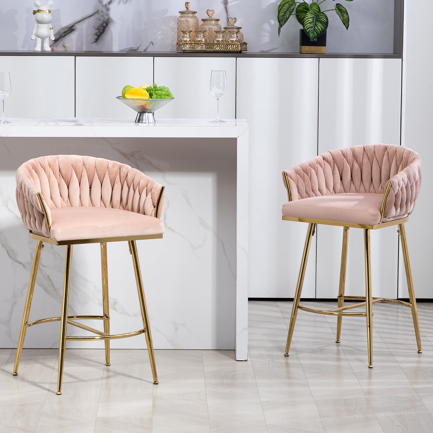 26 Inch Bar Stools Set Of 2 Pink Velvet Golden Base Premium
