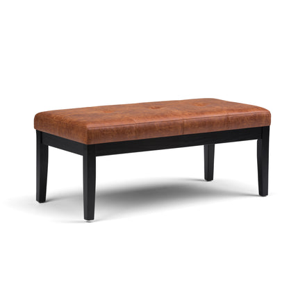 Tufted Ottoman Bench, 41.7W x 20.1D x 18.1H, Wood + Vegan Leather, Living Room, Distressed Saddle Brown