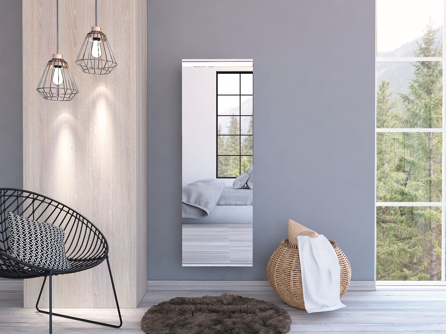 Montauk Modern 5-Shelf Wall-Mounted Shoe Organizer with Full-Length Mirror in Light Grey