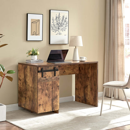 Charming Distressed Wood Home Office Desk with Faux Barn Door Cabinet and Three Adjustable Shelves