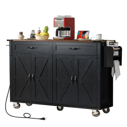 Rolling Farmhouse Kitchen Island with Power Outlet, Drop Leaf Design, Ample Storage, and Spice Rack - Black