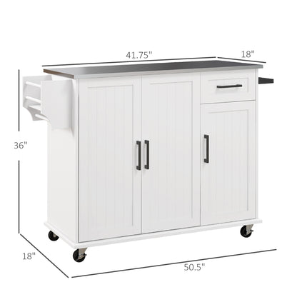 Rolling White Kitchen Island Cart with Stainless Steel Top, Storage Drawers, and Wheels