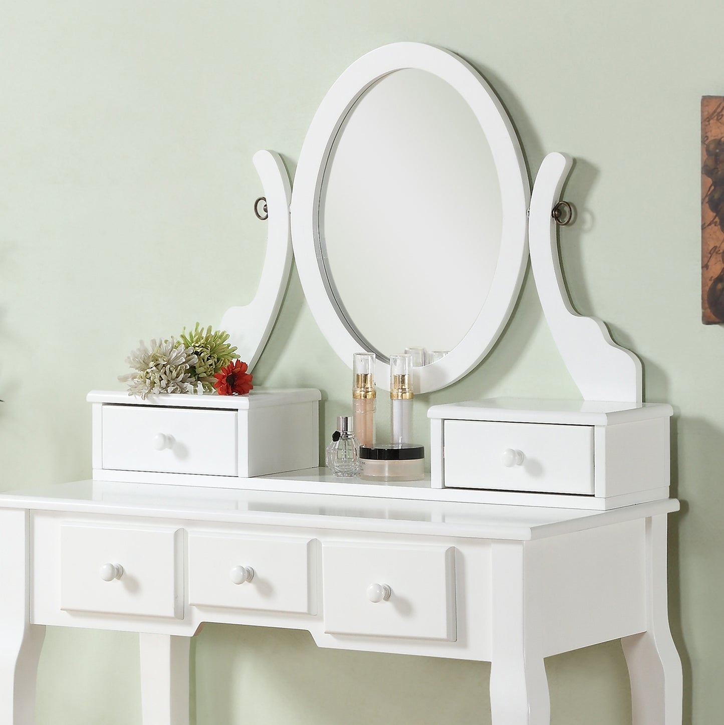 Wood Makeup Vanity Table and Stool Set for Bedroom, Elegant Space-Saving Home Vanity White