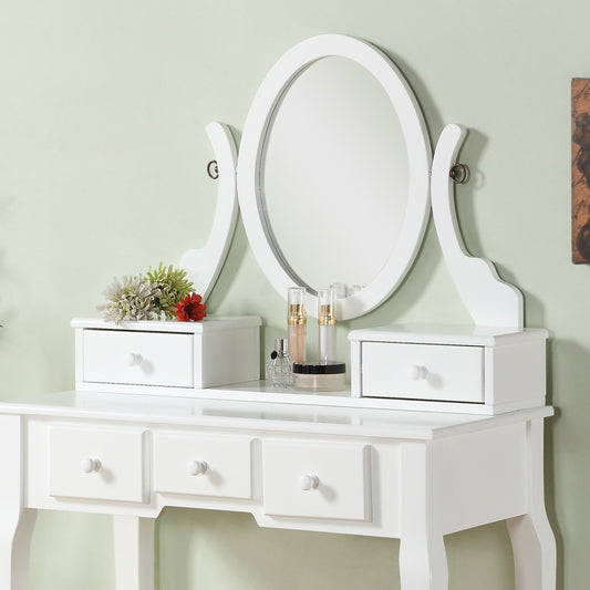 Wood Makeup Vanity Table and Stool Set for Bedroom, Elegant Space-Saving Home Vanity White