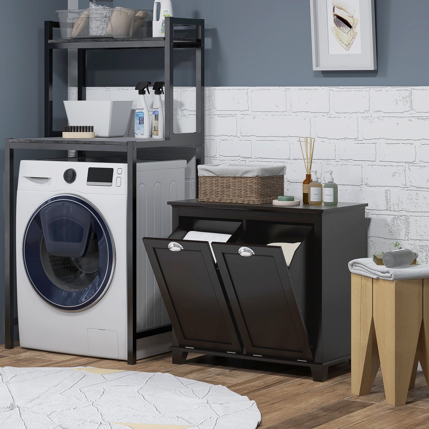 Modern Black Dual Compartment Laundry Hamper Cabinet with Tilt-Out Design for Bathroom Storage